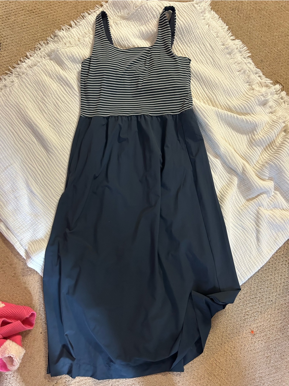 all in motion Navy Dress with Navy and White Striped Bodice built in bra